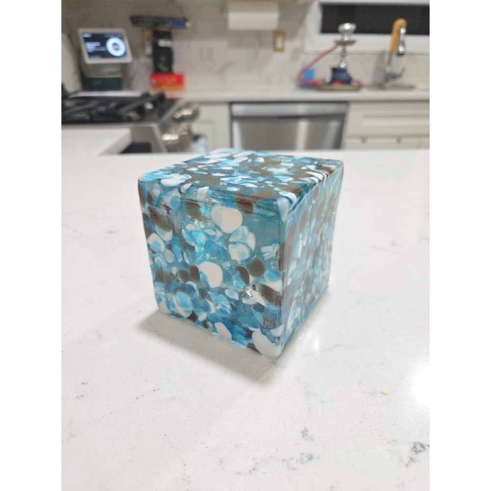 Studio Art Confetti Glass Cube Paperweight Heavy Blue White Copper - 3.25" VTG